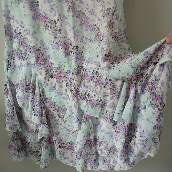 Nina Leonard Size 12 Sleeveless Midi Layered Ruffle Hem Dress Floral Blue Pink - Picture 8 of 16